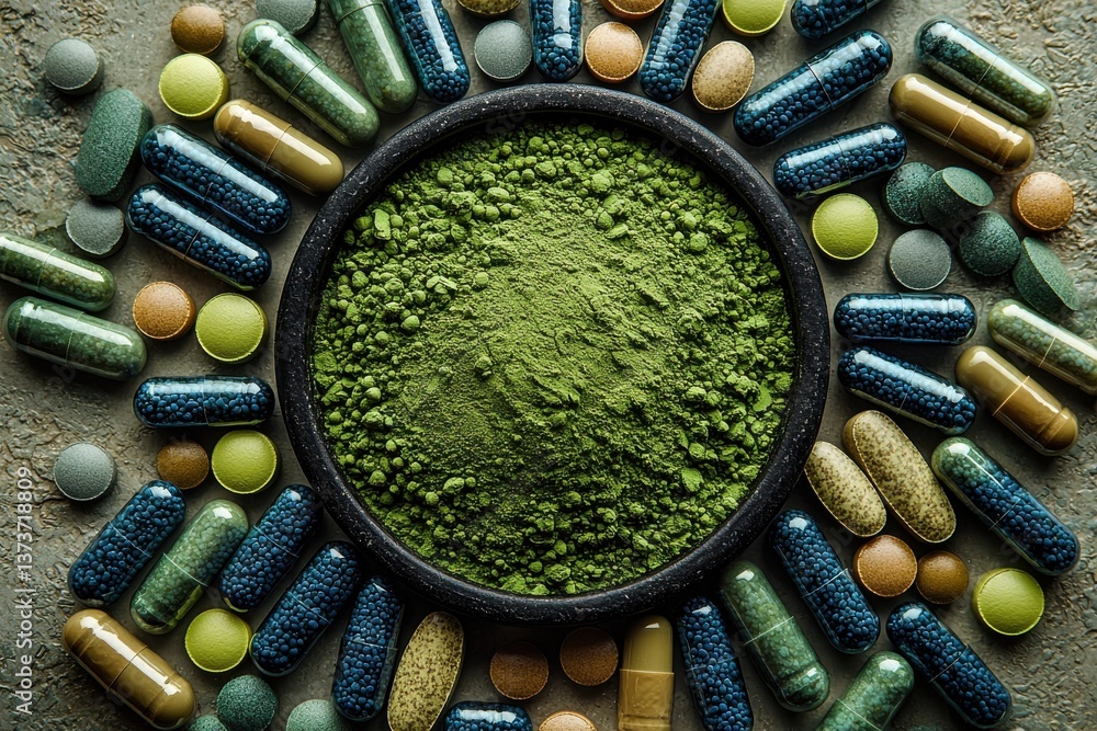 Poster exploring the vibrant world of dietary supplements with green powders and colorful capsules displaye
