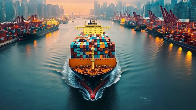 Navigating Trade: A container ship sails gracefully through a bustling harbor, carrying a cargo of global goods, surrounded by infrastructure
