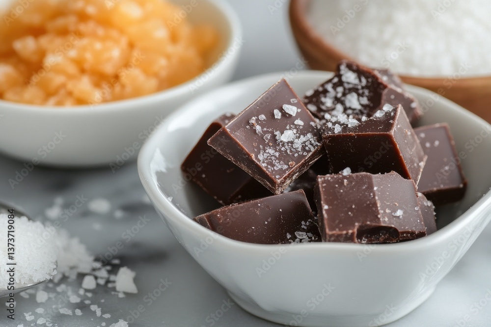 Poster melted chocolate chunks and various sugars displayed on a kitchen counter preparing for dessert crea