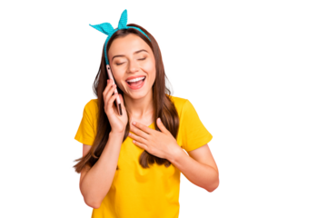 Portrait of cheerful person laughing with closed eyes touching her chest wearing yellow t-shirt isolated over pink background