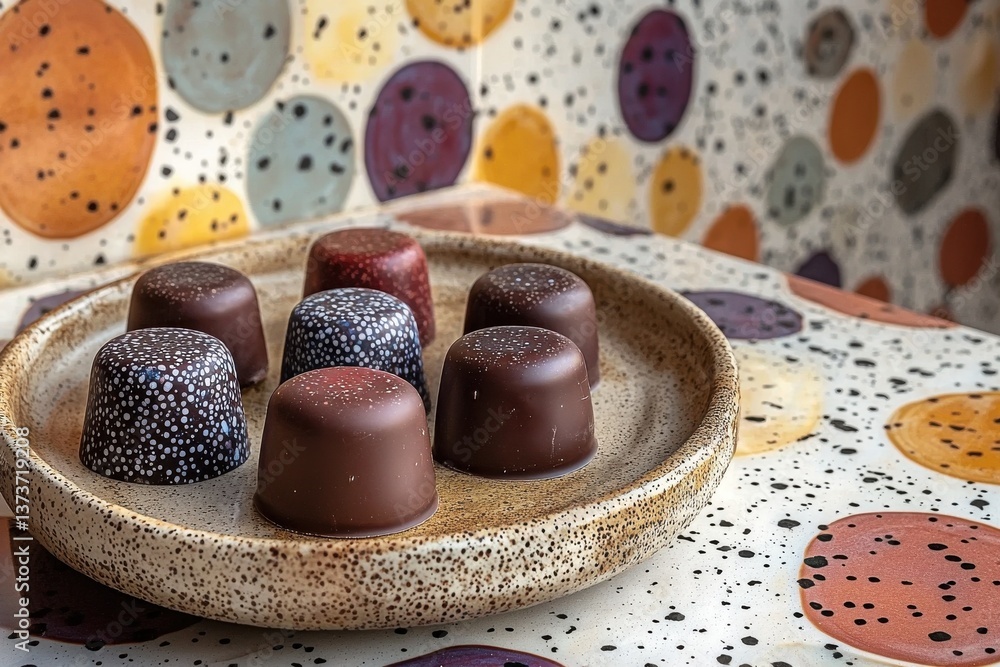 Poster unique chocolate truffles arranged on a speckled plate with a colorful dot-pattern background