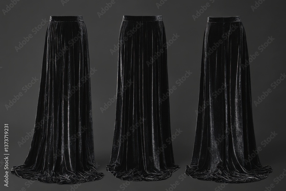 Poster elegant long velvet skirts displayed in three variations on a dark background highlighting texture a
