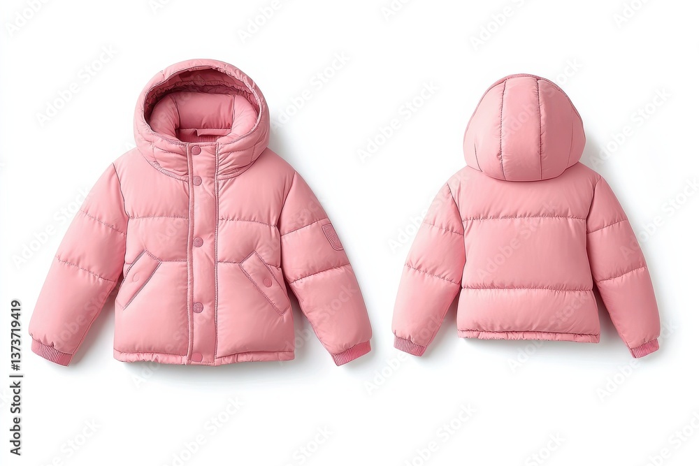 Poster soft pink puffer jacket with hood displayed from front and back in a bright environment