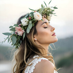 Naklejka premium beautiful woman with a floral crown on her head against beautiful background