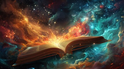 Mystical Book Floating in Cosmic Nebula with Colorful Galaxies