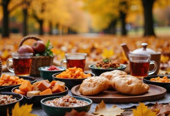Autumn picnic with various dishes and beverages on a colorful leaf-covered ground
