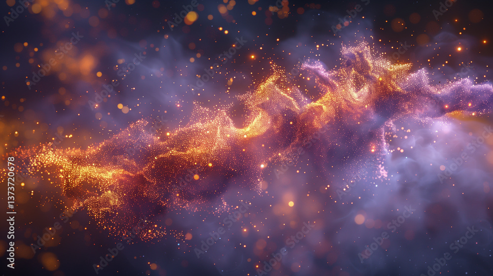Poster mystical cosmic nebula with glowing golden particles in space..