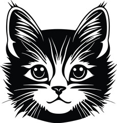Fototapeta premium Cat face portrait, black outline clipart style illustration, transparent background vector