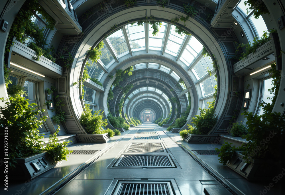 Poster futuristic corridor with circular architecture and lush greenery