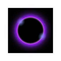 Glowing neon circle with glitter particles vector illustration. Purple illuminated light round frame on black background.
