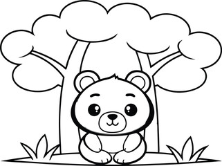 Cartoon Bear Sitting near Tree, Cute Outline Design with Transparent Background