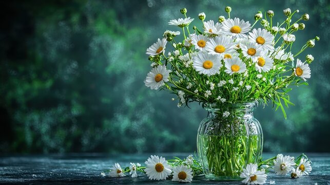 A vibrant green background serves as a neutral canvas for a flat lay composition, showcasing a white spring daisy bouquet adorned with delicate embellishments. The top-down perspective invites 