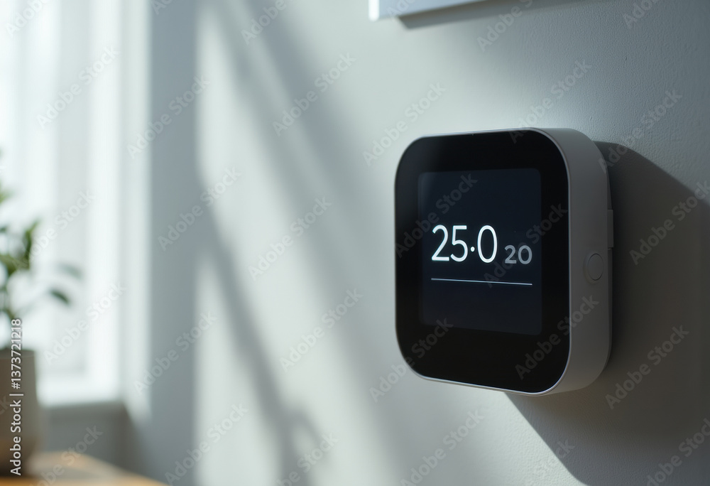 Poster modern smart thermostat displaying temperature settings on a wall