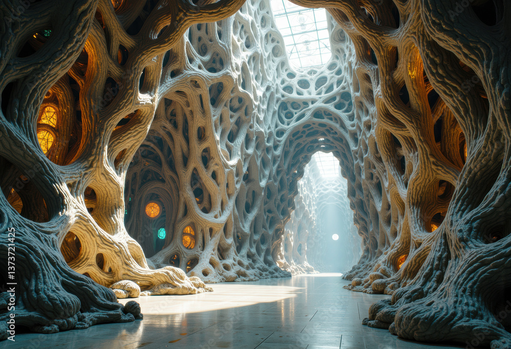 Poster intricate organic architecture with light filtering through a unique structure