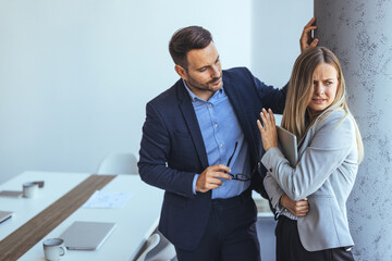 Workplace Harassment and Discomfort Between Two Colleagues in Business Attire