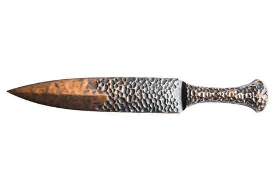 Ancient Blade: The sharp, meticulously crafted blade, a historical artifact with a textured surface and ergonomic handle, appears against the backdrop. 