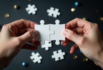 Two hands connecting two blank puzzle pieces on a dark background