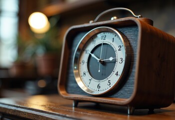 Naklejka premium Vintage wooden alarm clock with a classic design on a wooden table