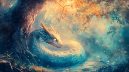 Mystical blue dragon coils gracefully in enchanted forest, radiating ethereal light. Ideal for fantasy themes, book covers, and magical illustrations, evoke serenity and wonder.