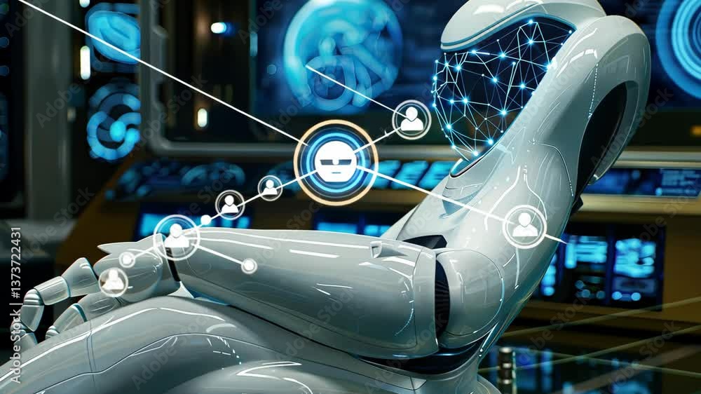 Poster a robotic assistant with intricate facial designs relaxes in a hi-tech control room filled with scre