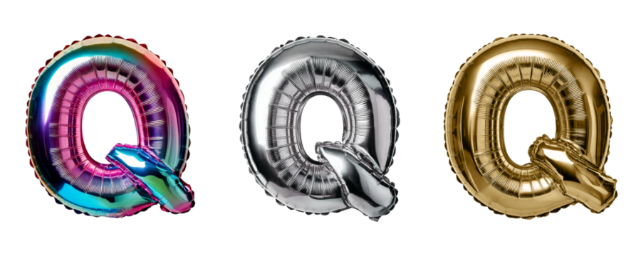 Ai Generated Set of Holographic Gold and Silver Metallic Foil Capital Q Inflated Balloon Letters against Transparent Background