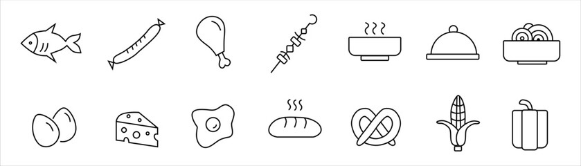 Line icon set. Food and drink. Set with editable stroke. Restaurant menu icons.  Cutlery or tableware in restaurant, kitchen.Vector illustration.