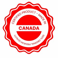 This is a pixel design illustrating the concept of country stamps for certified products made in Canada, symbolizing authenticity, quality assurance, and national branding.