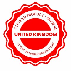 This is a pixel design illustrating the concept of country stamps for certified products made in United Kingdom, symbolizing authenticity, quality assurance, and national branding.
