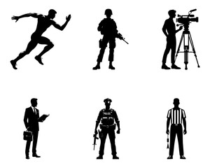 Set of silhouettes of different professions man on a white background. Vector illustration.