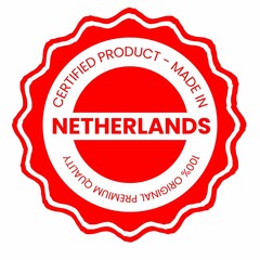 This is a pixel design illustrating the concept of country stamps for certified products made in Netherlands, symbolizing authenticity, quality assurance, and national branding.