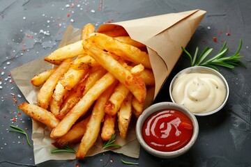 Belgian fries served in paper cone, golden crisp with mayonnaise and spicy ketchup