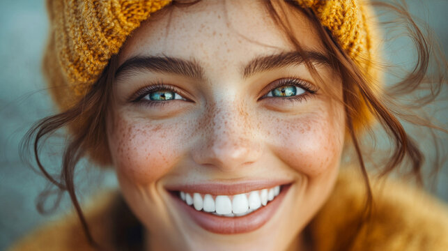 Happy woman smiling freckles blue eyes yellow knit hat
