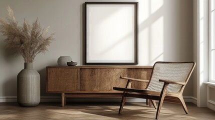 Elegant interior scene featuring a wooden cabinet and armchair