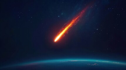 Bright Meteor Plunging through Dark Space with Fiery Tail over Blue Planet, Cosmic Phenomenon, Astronomy, Night Sky, and Celestial Event