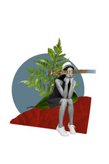 Magazine collage picture of stressed depressed lady sitting plant feeling apathy isolated blue...