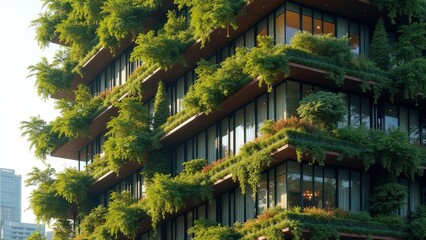 Obraz premium Vertical Forest Skyscraper. High-Rise Building Covered in Dense Vegetation