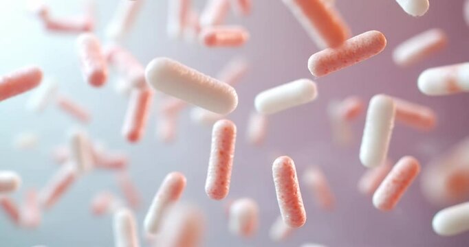 close up lactobacillus probiotic microbe pink white stick  moving background, medical scientific texture pattern