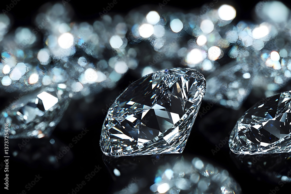 Poster close-up of sparkling cut diamonds with brilliant reflections and bokeh lights on a dark background