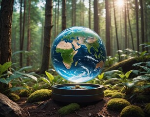 Floating globe of the Earth surrounded by a lush forest, showcasing the beauty of nature and the interconnectedness of our planet through vibrant 3D animation Generative AI