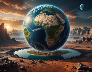 Vibrant Earth floating above a mystical landscape with alien world shining in the background and dramatic rocky formations under a golden sunset Generative AI