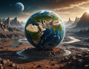 Exploring a surreal 3D world where Earth stands majestically amid rugged landscapes and distant celestial bodies in a stunning display of technology and imagination Generative AI