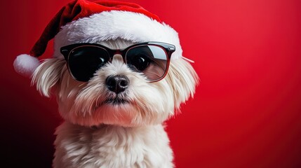 Adorable white dog in santa hat and sunglasses against red background