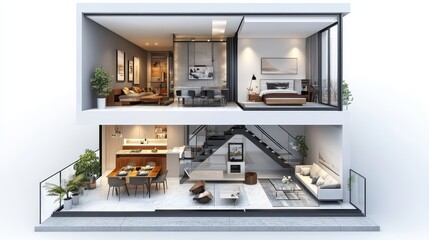 Modern two-story open-concept home with elegant interior design and stylish furnishings