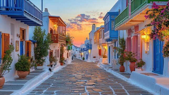 Cobblestone streets in the heart of Mykonos, Greece, bathed in the soft glow of pastel-colored houses, beckon travelers to explore the charming alleys and vibrant squares. A perfect backdrop 