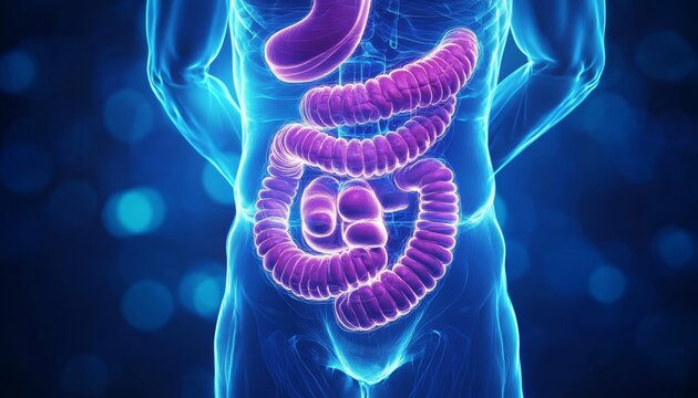 3D Illustration of Human Digestive System Anatomy with a Blue, Blurred Medical Background