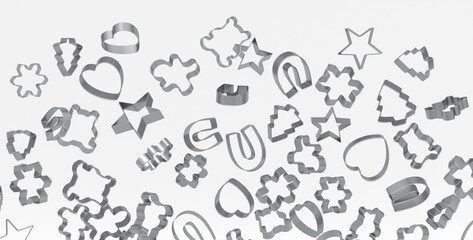 Many of flying gleaming metal cookie cutters, featuring various shapes and sizes