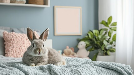 Adorable gray rabbit resting on cozy blue bedspread in a calm child's room