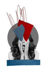 3D photo collage trend artwork composite sketch image of young surprised half faceless woman keep...