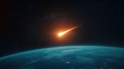 Fototapeta premium Bright Meteor Shower Over Earth with Glowing Tail in Deep Space Captured Against Starry Background and Atmospheric Beauty