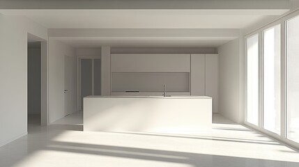 Fototapeta premium Minimalist sunlit modern kitchen interior with sleek white cabinetry and central island